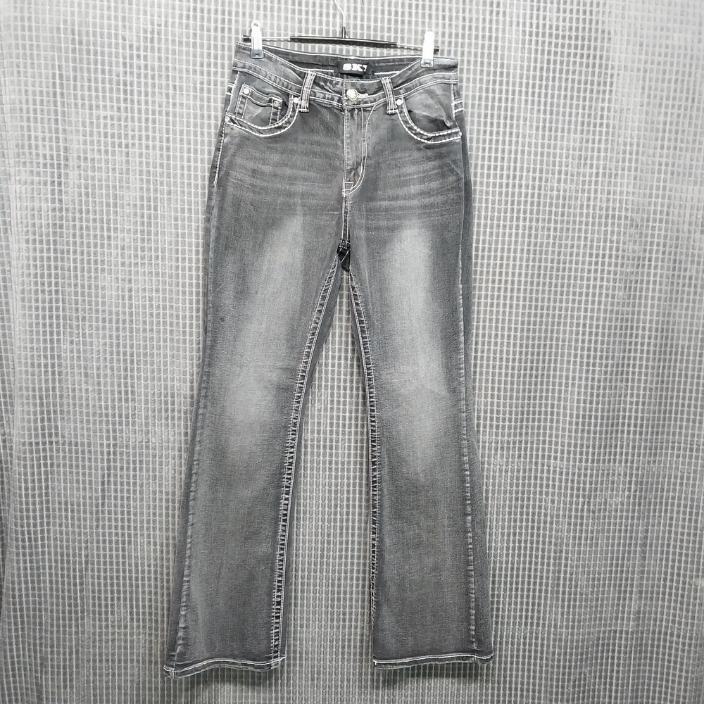 Sky Womens Jeans Bootcut Rhinestone NY Embroidered Stretch 9/10 Black Wash